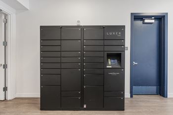 A black luxer storage unit with a door on the right.